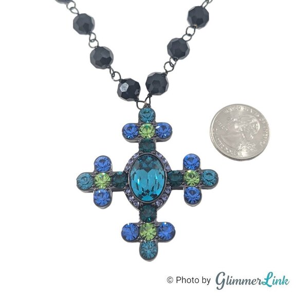 Akkad Blue & Green Sparkling Cross Black Faceted Glass Beads Necklace - Picture 9 of 12